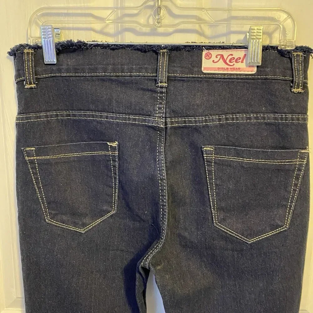 Y2K Neel Jeans Womens Waist 30 L 37 Low Rise Flare Leg Denim Fray Hem Navy Blue